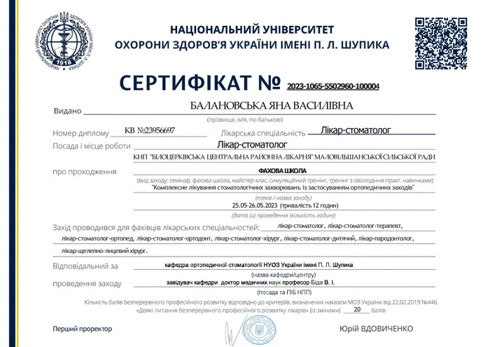Сертифікат Балановської Я.В. — Актуальні питання стоматології, 2023